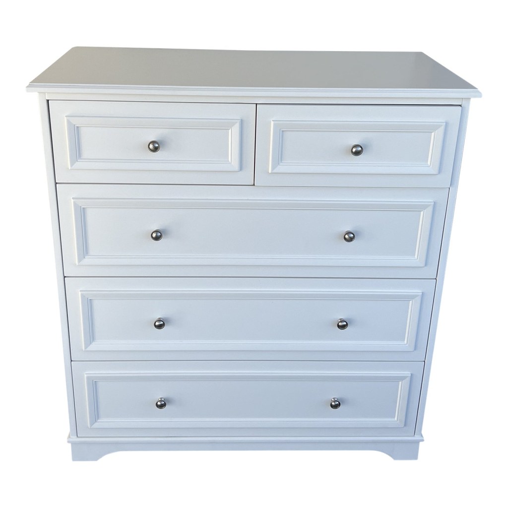 Picture of: Pottery Barn Fillmore Simply White Finished Five Drawer Dresser
